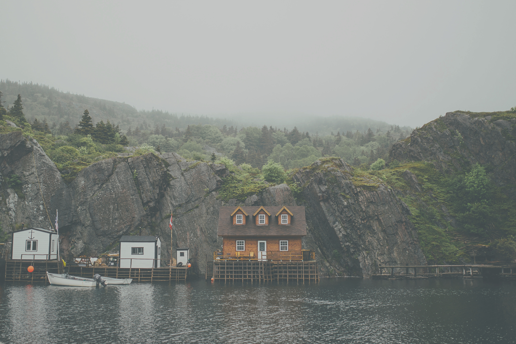 house on fjord, fog