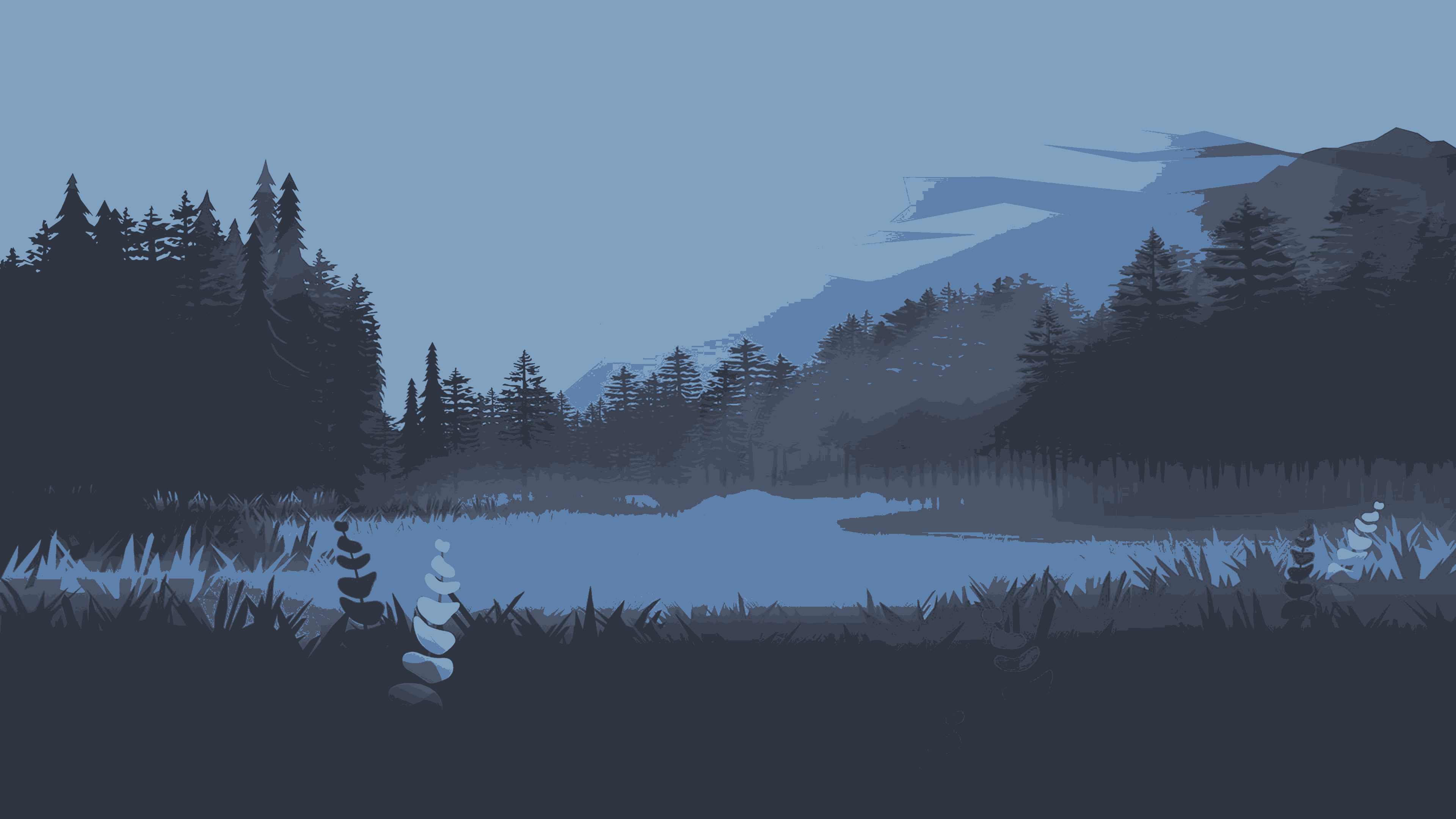 flat illustrated forest/lake, blue-grey
